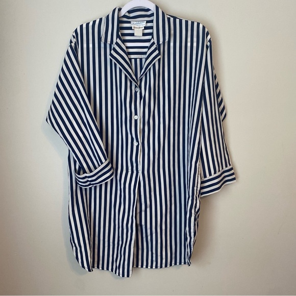 Neiman Marcus Blue and White Striped Button-Down Sleep shirt or coverup - Picture 1 of 6